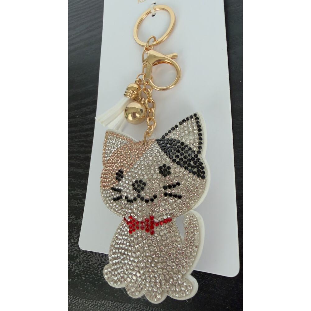 Bling Rhinestone Kitty Cat Puffy Keychain - Tassel Bag Charm - NEW